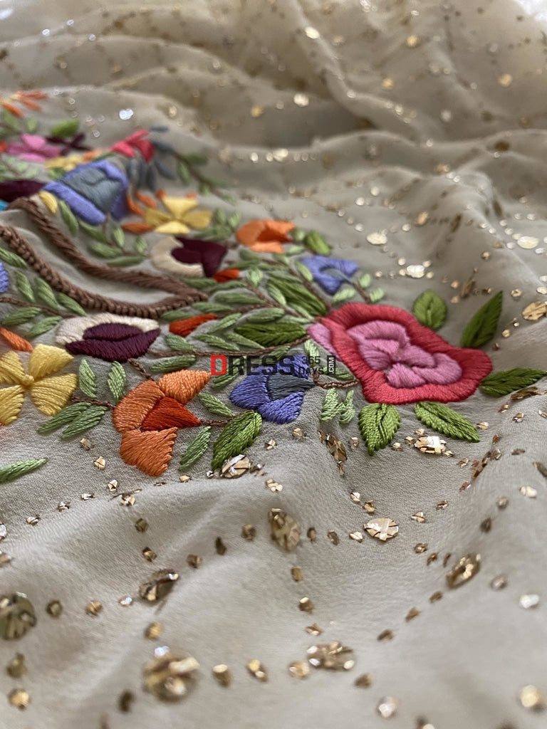 Ivory Kamdani Suit With Parsi Gara Embroidered Neckline Chikankari Suits