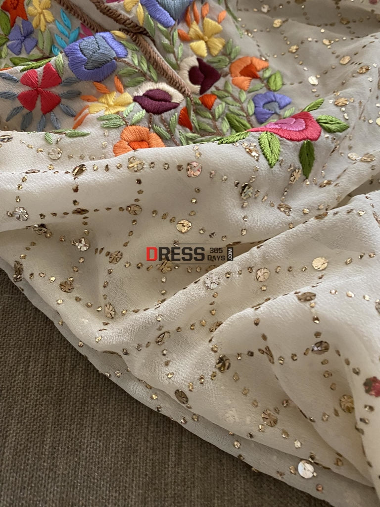 Ivory Kamdani Suit With Parsi Gara Embroidered Neckline Chikankari Suits