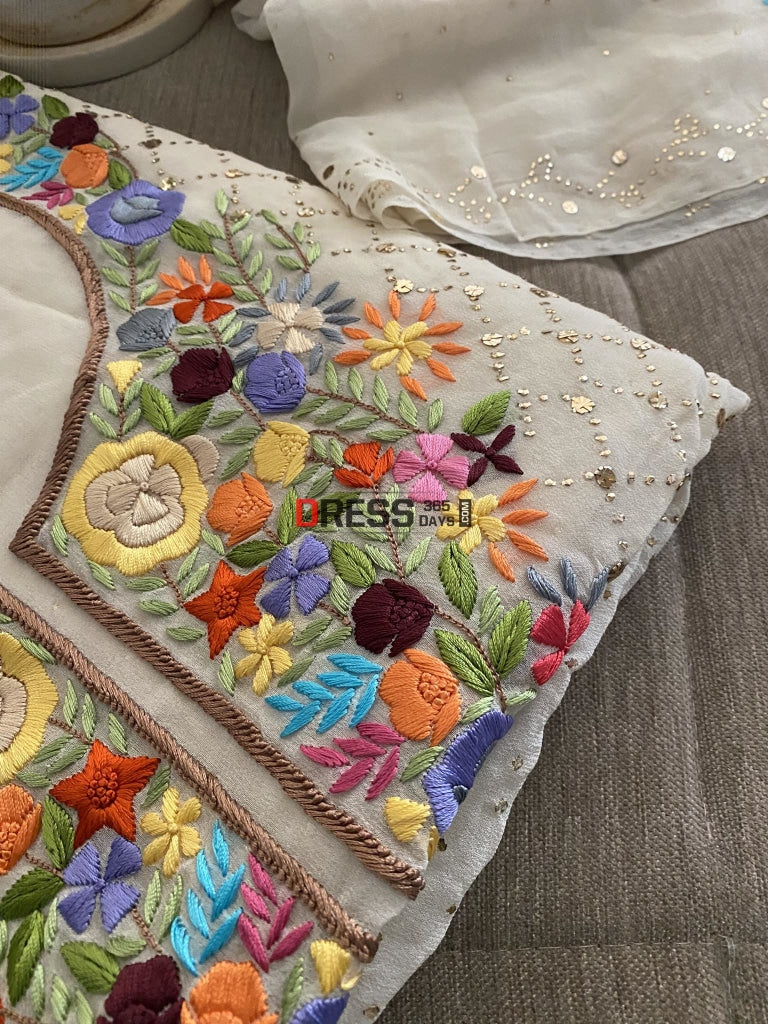 Ivory Kamdani Suit With Parsi Gara Embroidered Neckline Chikankari Suits