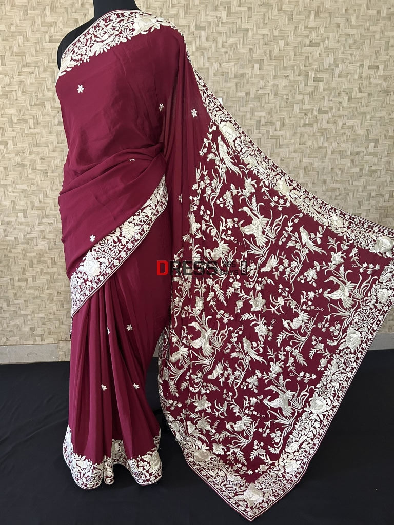 Ivory Maroon Parsi Gara Hand Embroidered Saree