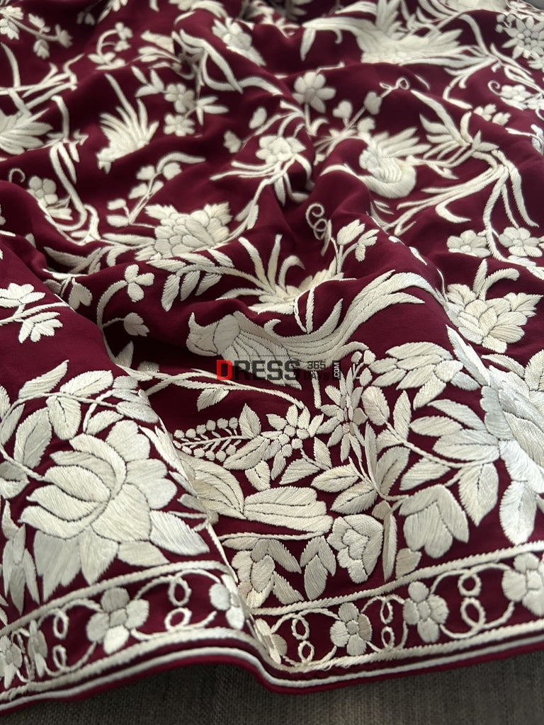 Ivory Maroon Parsi Gara Hand Embroidered Saree