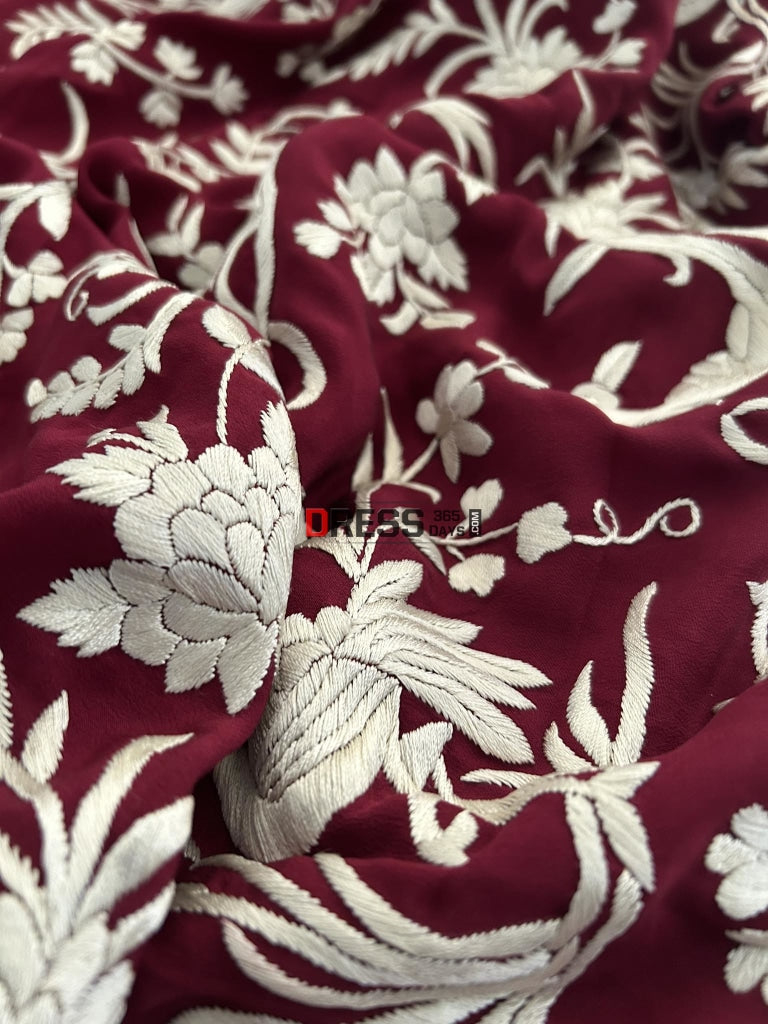 Ivory Maroon Parsi Gara Hand Embroidered Saree