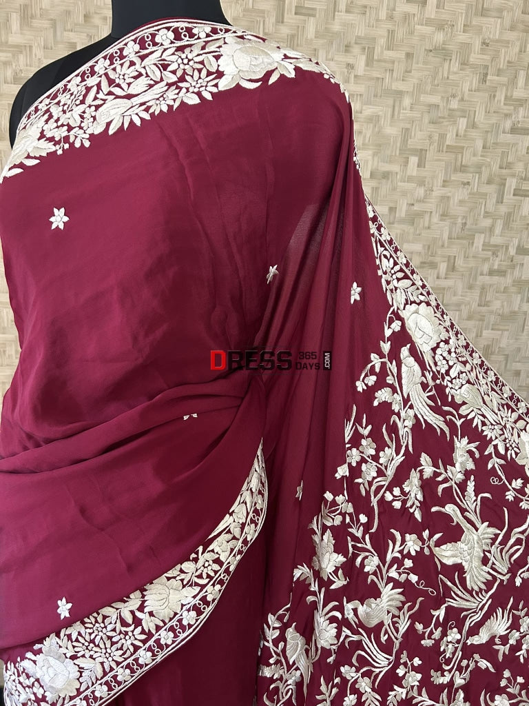 Ivory Maroon Parsi Gara Hand Embroidered Saree