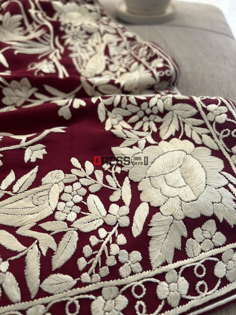 Ivory Maroon Parsi Gara Hand Embroidered Saree