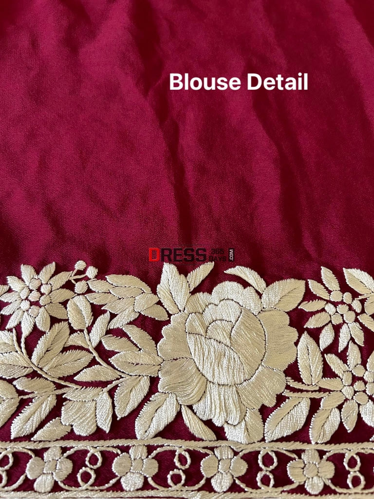 Ivory Maroon Parsi Gara Hand Embroidered Saree