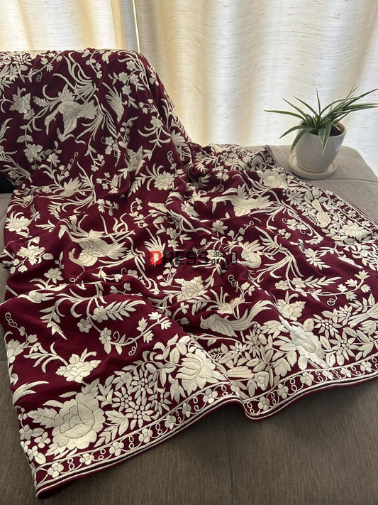 Ivory Maroon Parsi Gara Hand Embroidered Saree