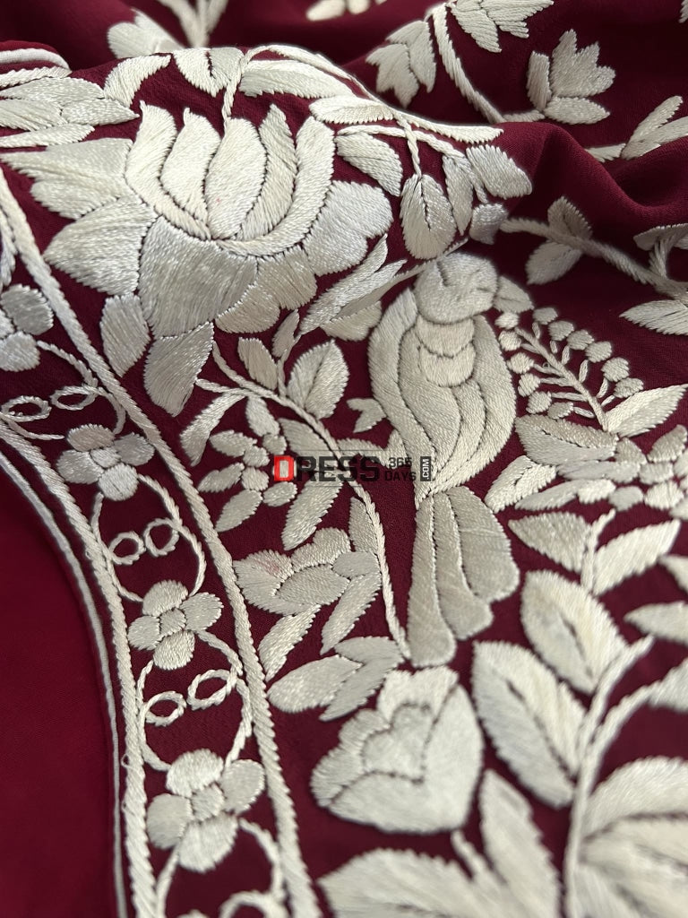 Ivory Maroon Parsi Gara Hand Embroidered Saree