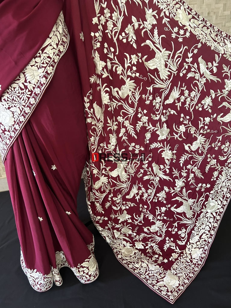 Ivory Maroon Parsi Gara Hand Embroidered Saree