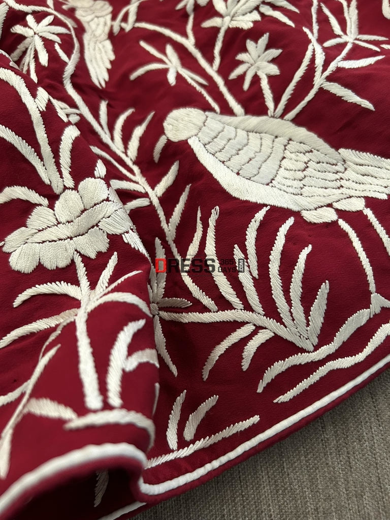 Ivory & Maroon Parsi Gara Saree - Crepe Silk