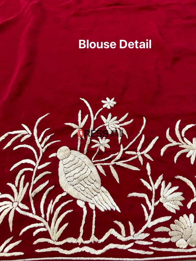 Ivory & Maroon Parsi Gara Saree - Crepe Silk