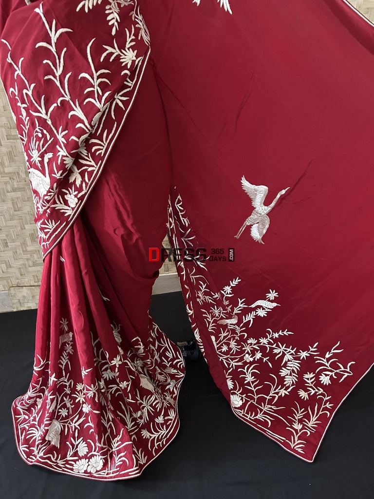 Ivory & Maroon Parsi Gara Saree - Crepe Silk