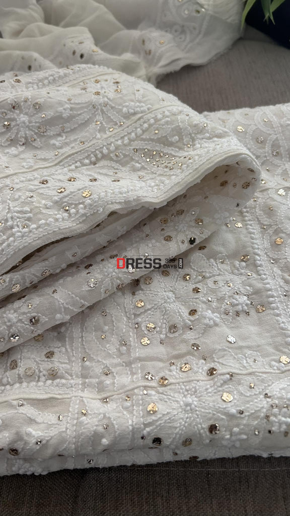 Ivory Mukaish Chikankari Anarkali & Dupatta Set