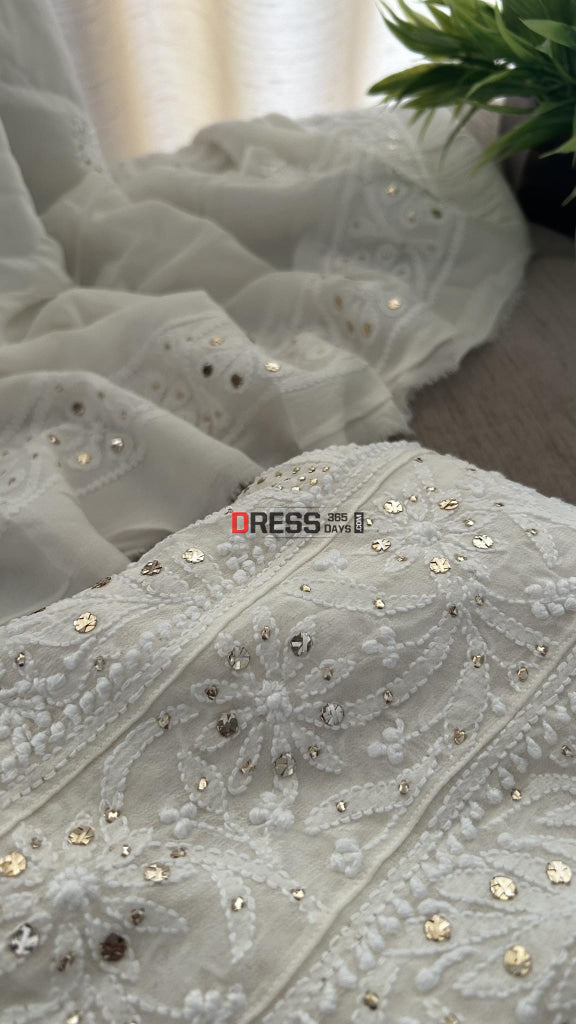 Ivory Mukaish Chikankari Anarkali & Dupatta Set