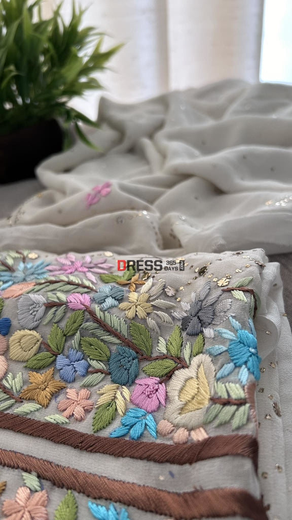 Ivory Mukaish Suit With Parsi Gara Neckline Chikankari Suits