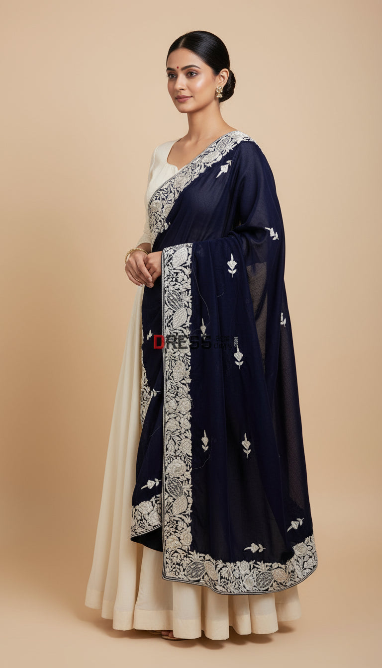 Ivory & Navy Parsi Gara Hand Embroidered Dupatta