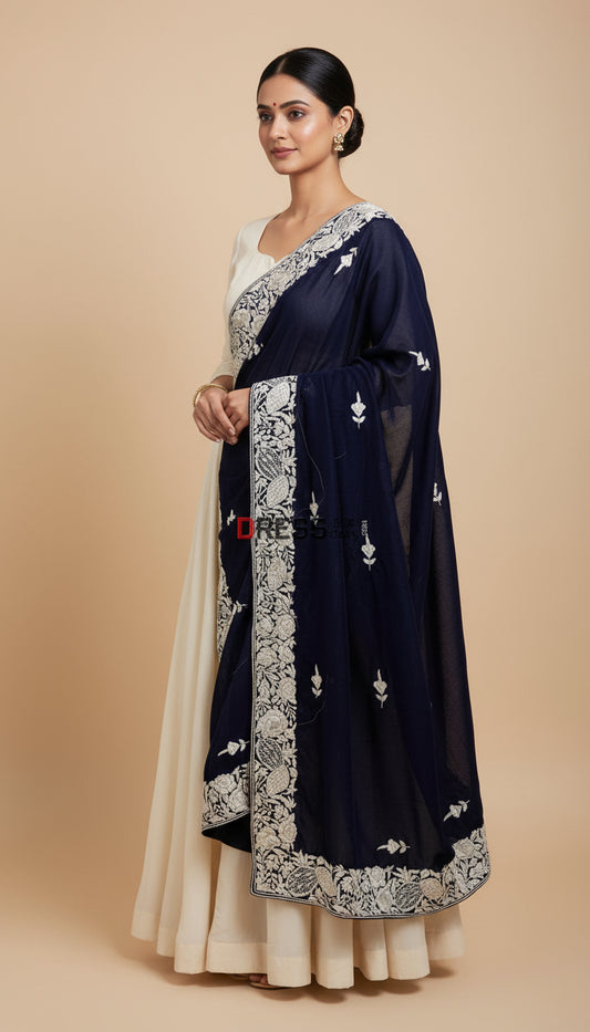 Ivory & Navy Parsi Gara Hand Embroidered Dupatta