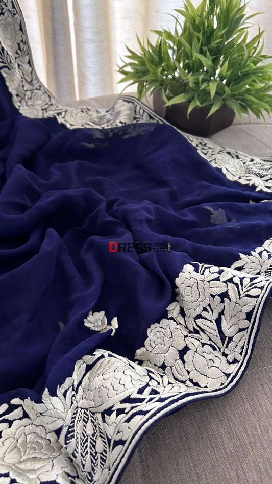 Ivory & Navy Parsi Gara Hand Embroidered Dupatta