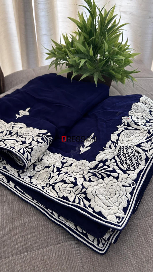 Ivory & Navy Parsi Gara Hand Embroidered Dupatta