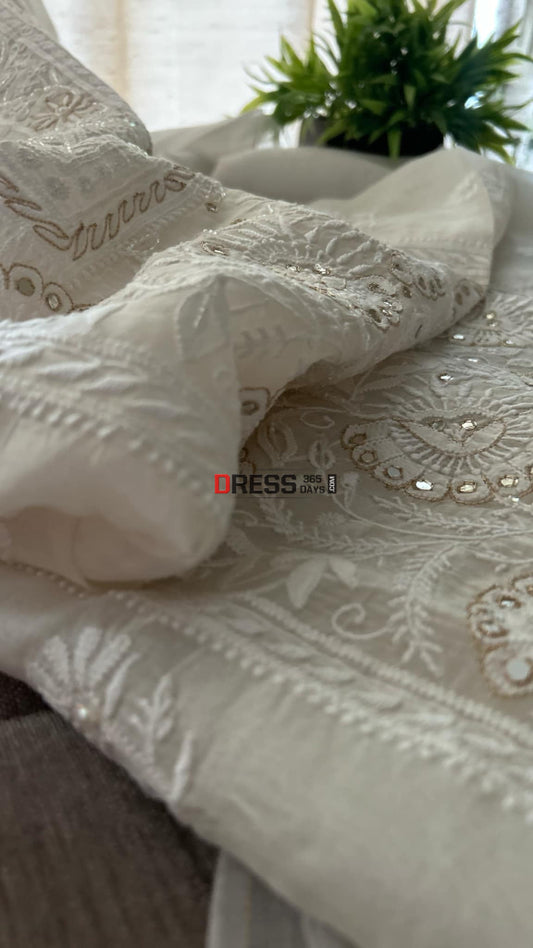 Ivory Organza Mirror & Zari Chikankari Suit (Kurta Dupatta) Suits