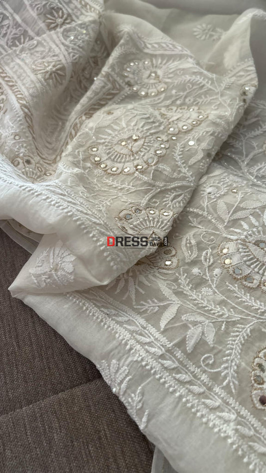 Ivory Organza Mirror & Zari Chikankari Suit (Kurta Dupatta) Suits