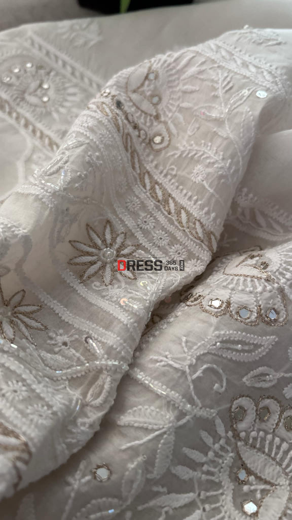 Ivory Organza Mirror & Zari Chikankari Suit (Kurta Dupatta) Suits