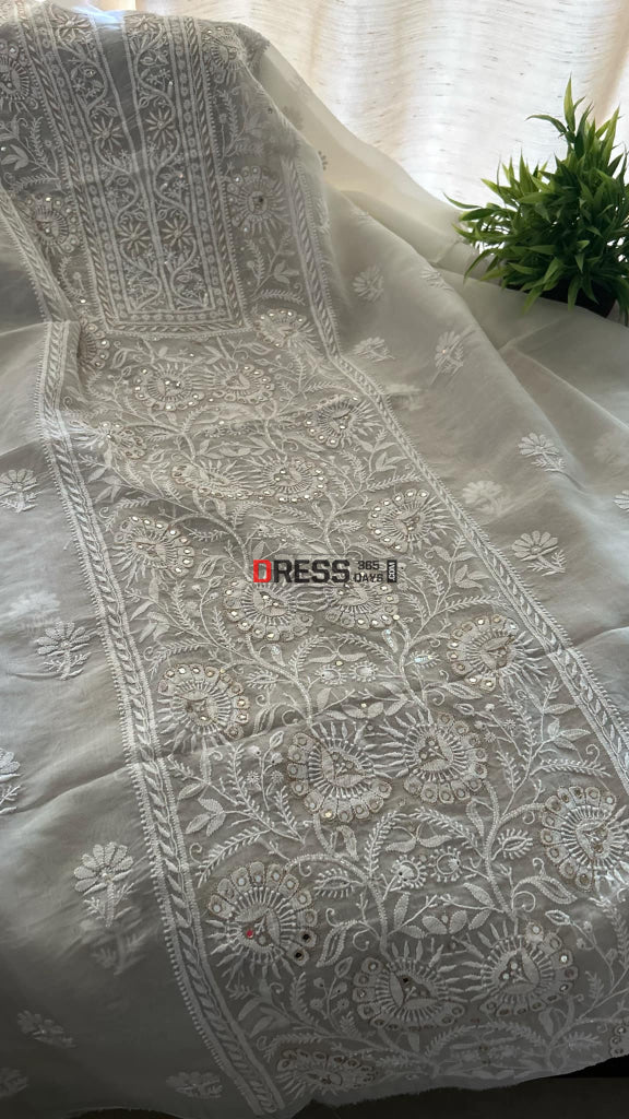 Ivory Organza Mirror & Zari Chikankari Suit (Kurta Dupatta) Suits