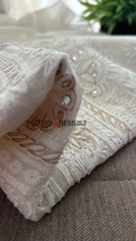Ivory Organza Mirror & Zari Chikankari Suit (Kurta Dupatta) Suits