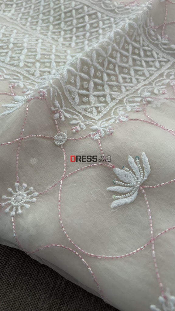 Ivory Organza Pearls & Pink Cut Dana Chikankari Suit Suits