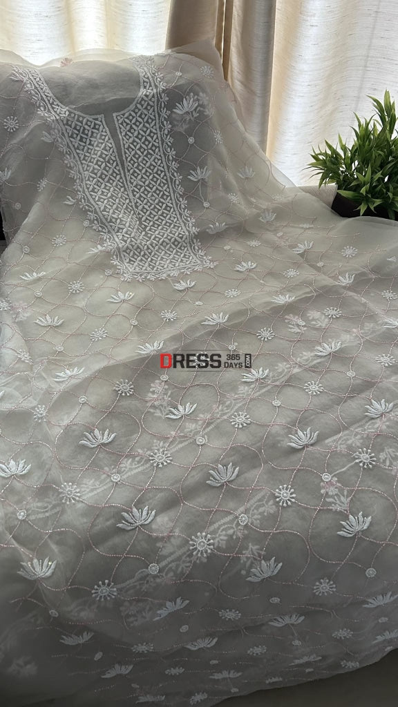 Ivory Organza Pearls & Pink Cut Dana Chikankari Suit Suits