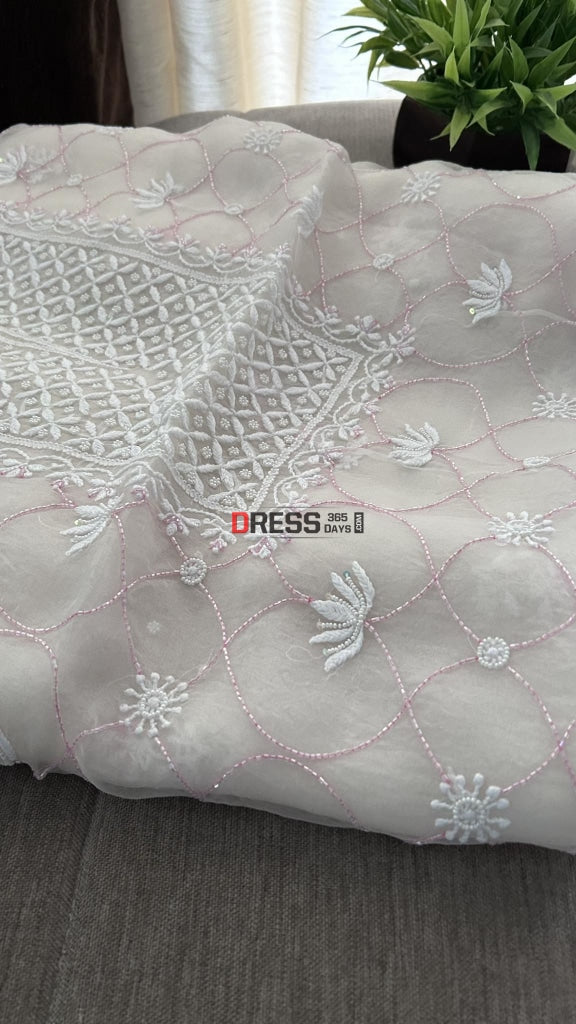 Ivory Organza Pearls & Pink Cut Dana Chikankari Suit Suits