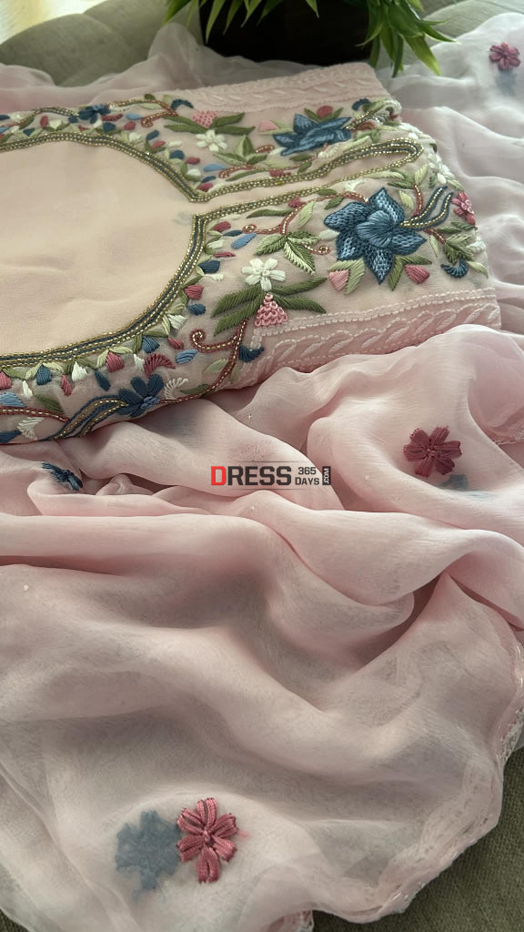 Ivory Parsi Inspired Chikankari Suit with Mukaish and Multicolour Neckline Chikankari Suits