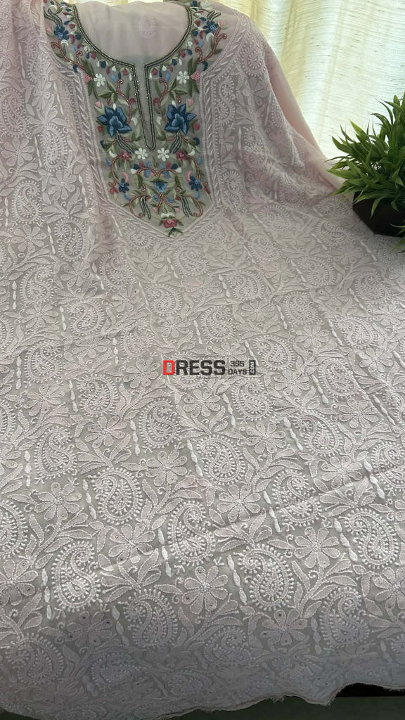 Ivory Parsi Inspired Chikankari Suit with Mukaish and Multicolour Neckline Chikankari Suits
