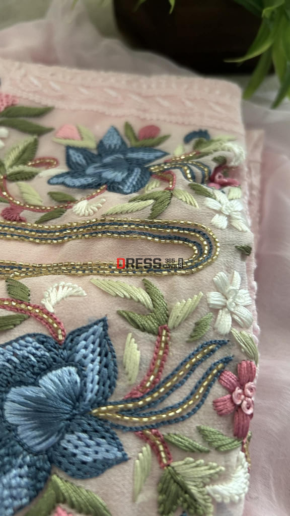 Ivory Parsi Inspired Chikankari Suit with Mukaish and Multicolour Neckline Chikankari Suits