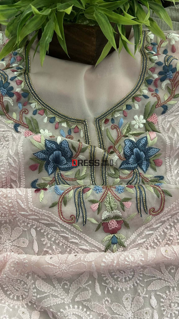 Ivory Parsi Inspired Chikankari Suit with Mukaish and Multicolour Neckline Chikankari Suits