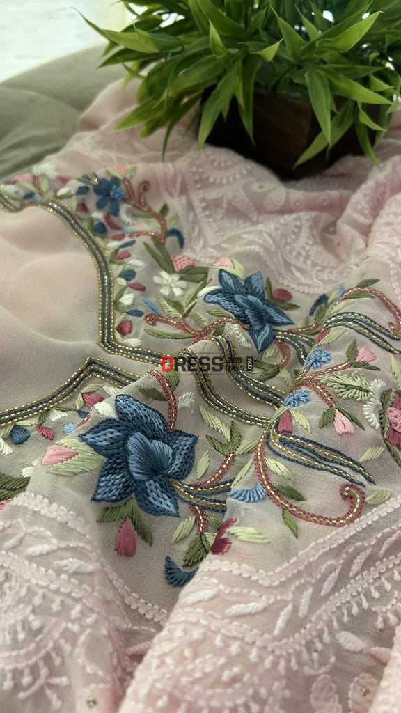 Ivory Parsi Inspired Chikankari Suit with Mukaish and Multicolour Neckline Chikankari Suits