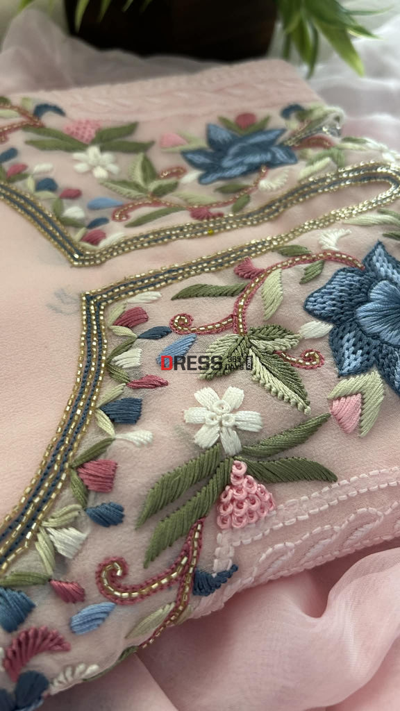 Ivory Parsi Inspired Chikankari Suit with Mukaish and Multicolour Neckline Chikankari Suits