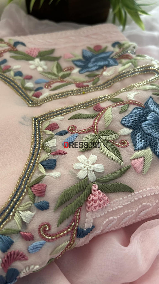 Ivory Parsi Inspired Chikankari Suit with Mukaish and Multicolour Neckline Chikankari Suits