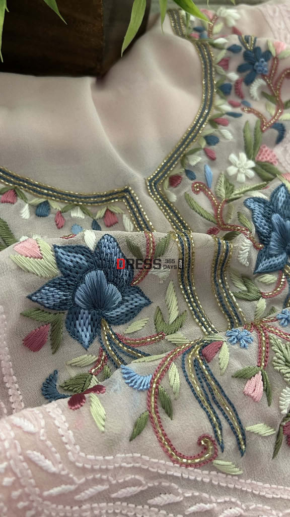 Ivory Parsi Inspired Chikankari Suit with Mukaish and Multicolour Neckline Chikankari Suits