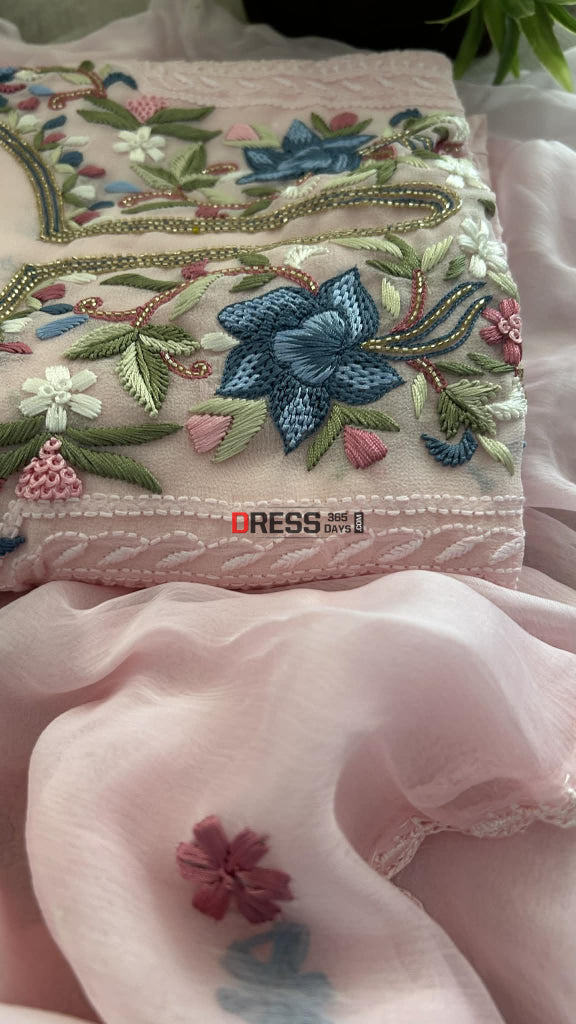 Ivory Parsi Inspired Chikankari Suit with Mukaish and Multicolour Neckline Chikankari Suits