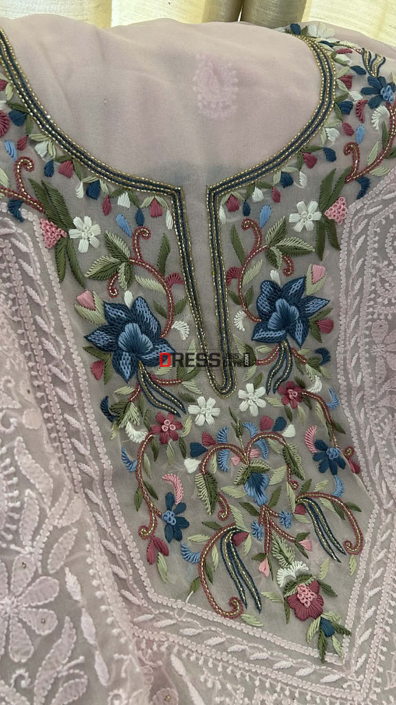 Ivory Parsi Inspired Chikankari Suit with Mukaish and Multicolour Neckline Chikankari Suits