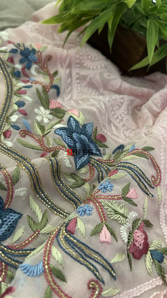 Ivory Parsi Inspired Chikankari Suit with Mukaish and Multicolour Neckline Chikankari Suits