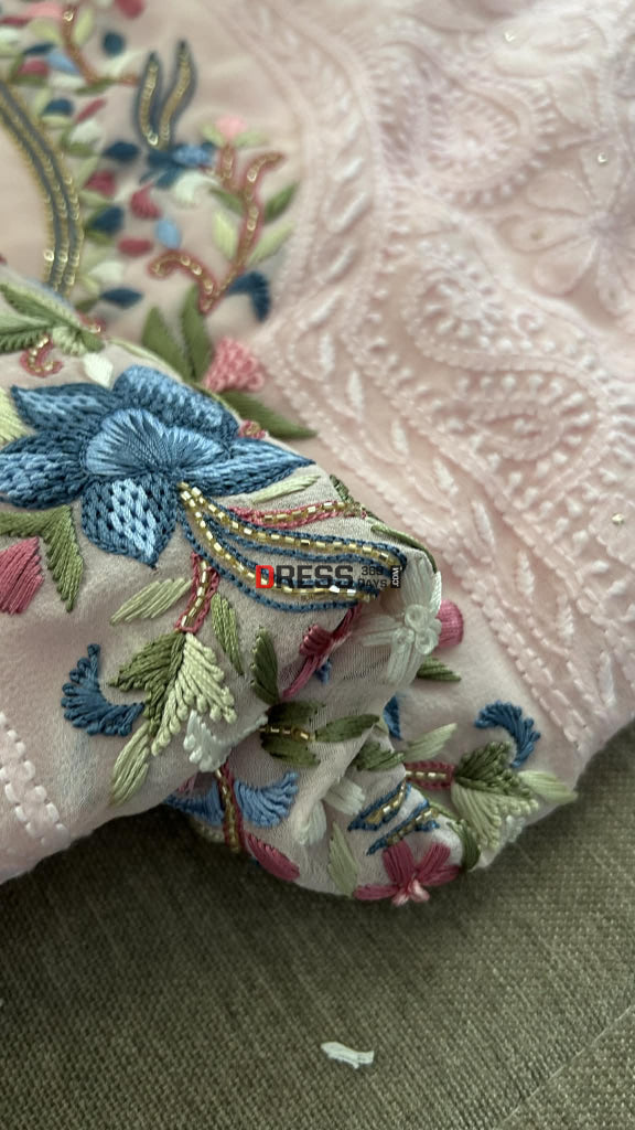 Ivory Parsi Inspired Chikankari Suit with Mukaish and Multicolour Neckline Chikankari Suits