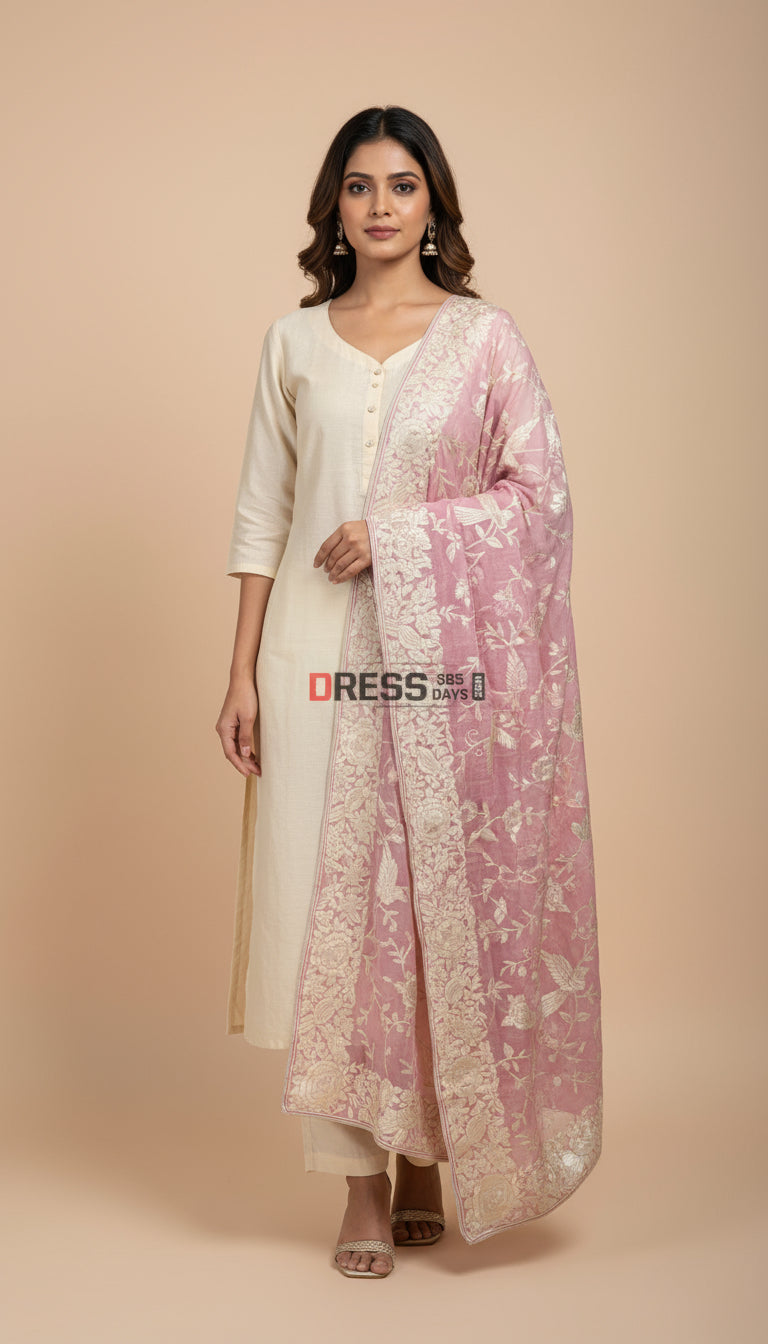 Ivory & Pink Parsi Gara Hand Embroidered Dupatta