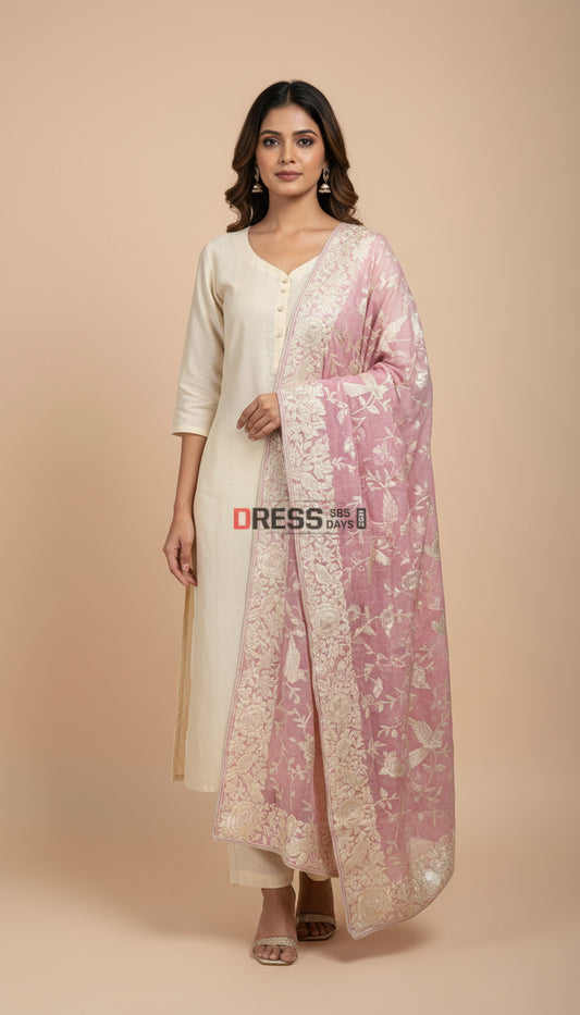 Ivory & Pink Parsi Gara Hand Embroidered Dupatta