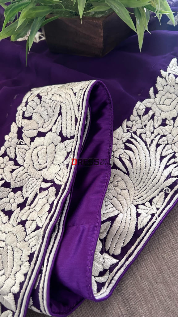 Ivory & Purple Parsi Gara Hand Embroidered Dupatta Parsi Gara Dupatta