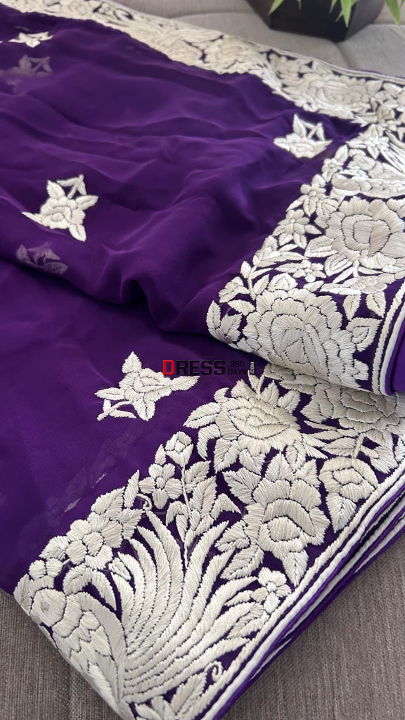 Ivory & Purple Parsi Gara Hand Embroidered Dupatta Parsi Gara Dupatta