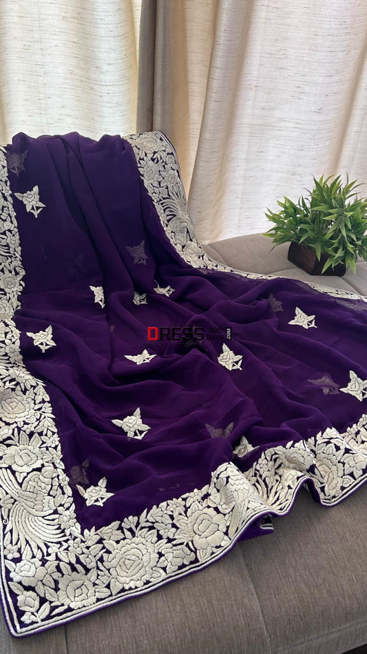 Ivory & Purple Parsi Gara Hand Embroidered Dupatta Parsi Gara Dupatta