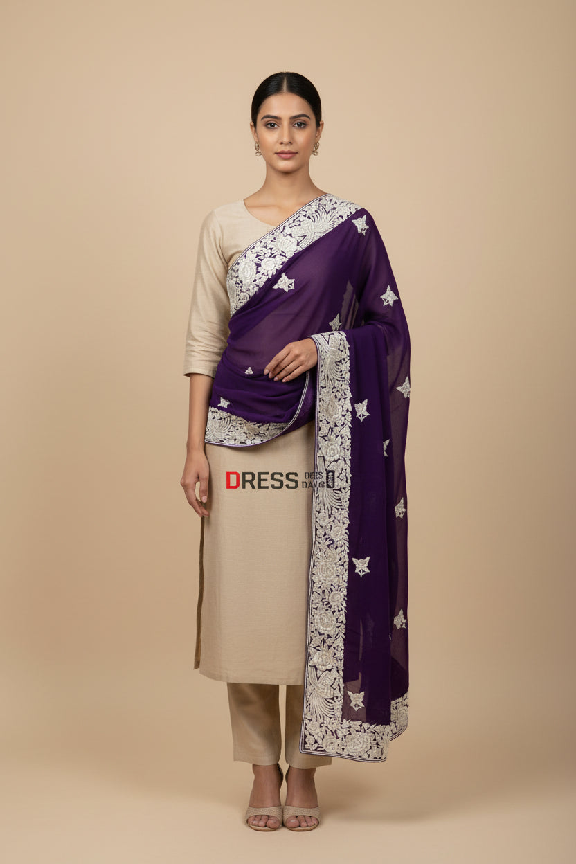 Pre Order Ivory & Purple Parsi Gara Hand Embroidered Dupatta