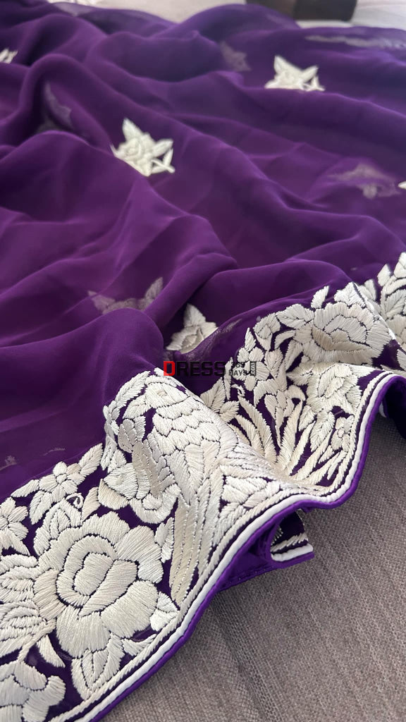 Ivory & Purple Parsi Gara Hand Embroidered Dupatta Parsi Gara Dupatta
