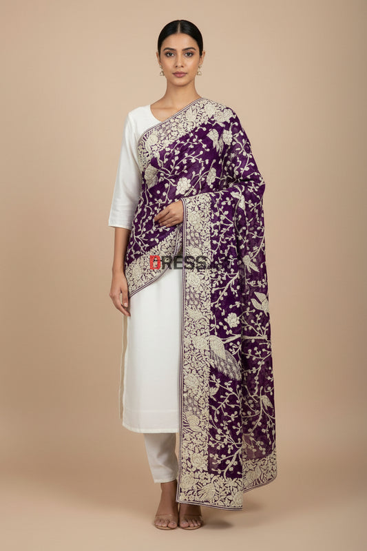 Pre Order Ivory & Purple Parsi Gara Hand Embroidered Dupatta